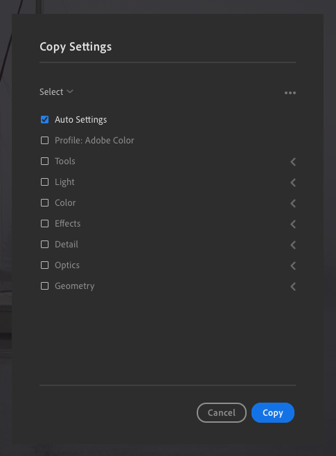 Select which settings you want to copy
